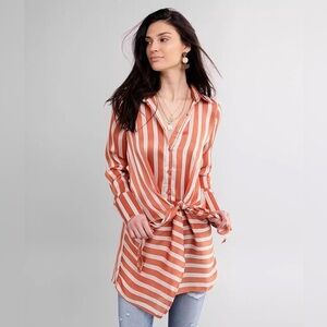 Buckle Black Salmon Cream Striped Chiffon Tunic Top XS Silky Preppy Elegant